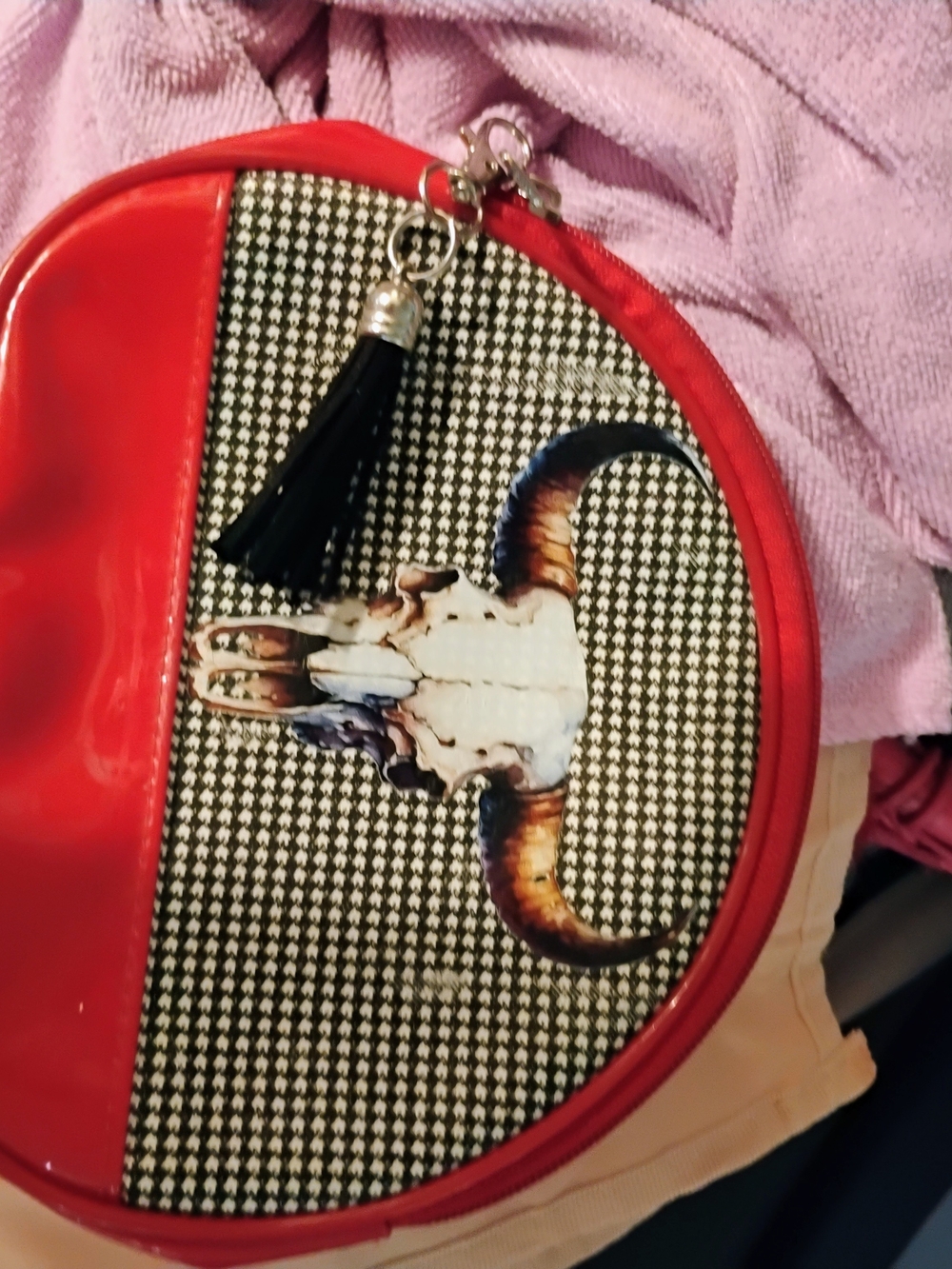 Red Round Cosmetic Pouch with Bull Skull Accent